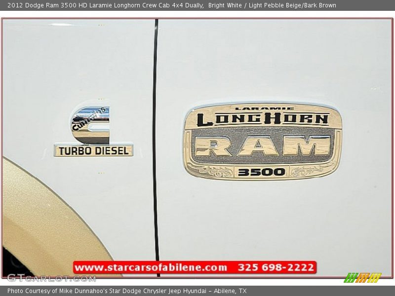 Bright White / Light Pebble Beige/Bark Brown 2012 Dodge Ram 3500 HD Laramie Longhorn Crew Cab 4x4 Dually