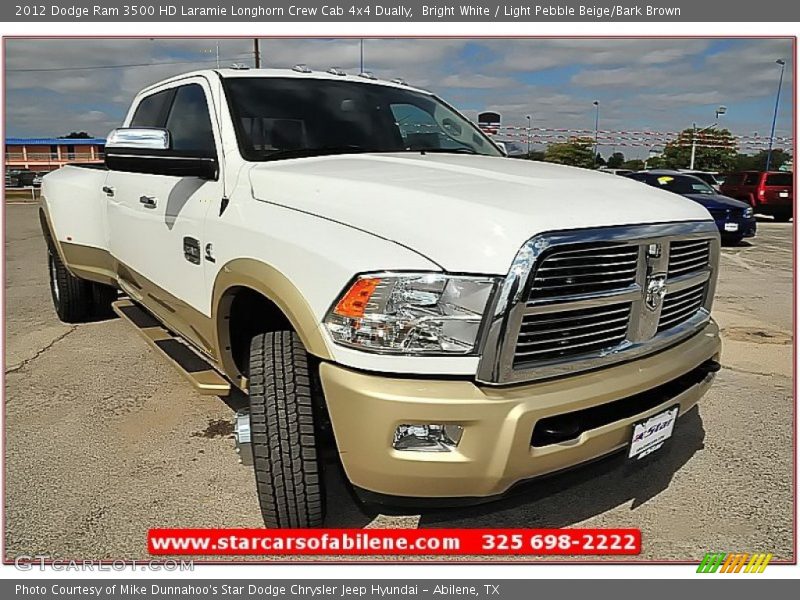 Bright White / Light Pebble Beige/Bark Brown 2012 Dodge Ram 3500 HD Laramie Longhorn Crew Cab 4x4 Dually