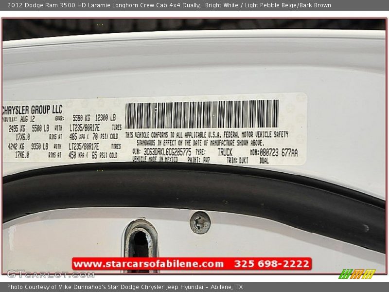 Bright White / Light Pebble Beige/Bark Brown 2012 Dodge Ram 3500 HD Laramie Longhorn Crew Cab 4x4 Dually