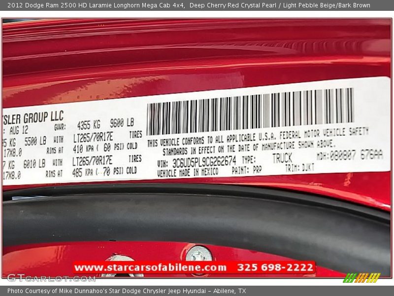Deep Cherry Red Crystal Pearl / Light Pebble Beige/Bark Brown 2012 Dodge Ram 2500 HD Laramie Longhorn Mega Cab 4x4