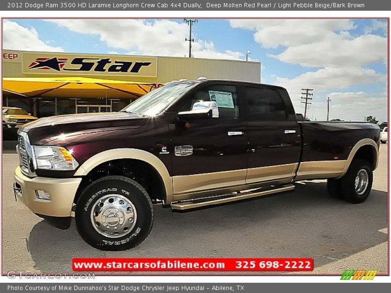Deep Molten Red Pearl / Light Pebble Beige/Bark Brown 2012 Dodge Ram 3500 HD Laramie Longhorn Crew Cab 4x4 Dually