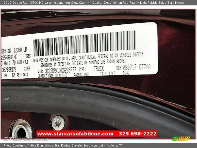 Deep Molten Red Pearl / Light Pebble Beige/Bark Brown 2012 Dodge Ram 3500 HD Laramie Longhorn Crew Cab 4x4 Dually