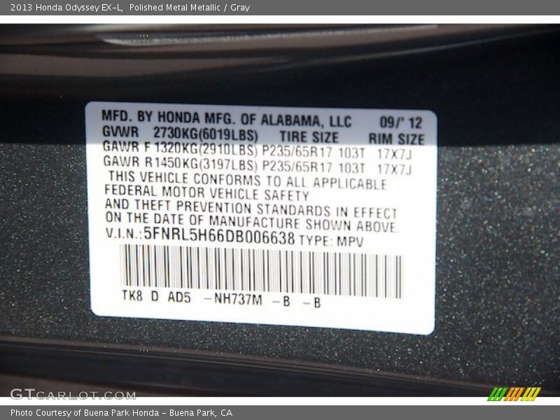 2013 Odyssey EX-L Polished Metal Metallic Color Code NH737M