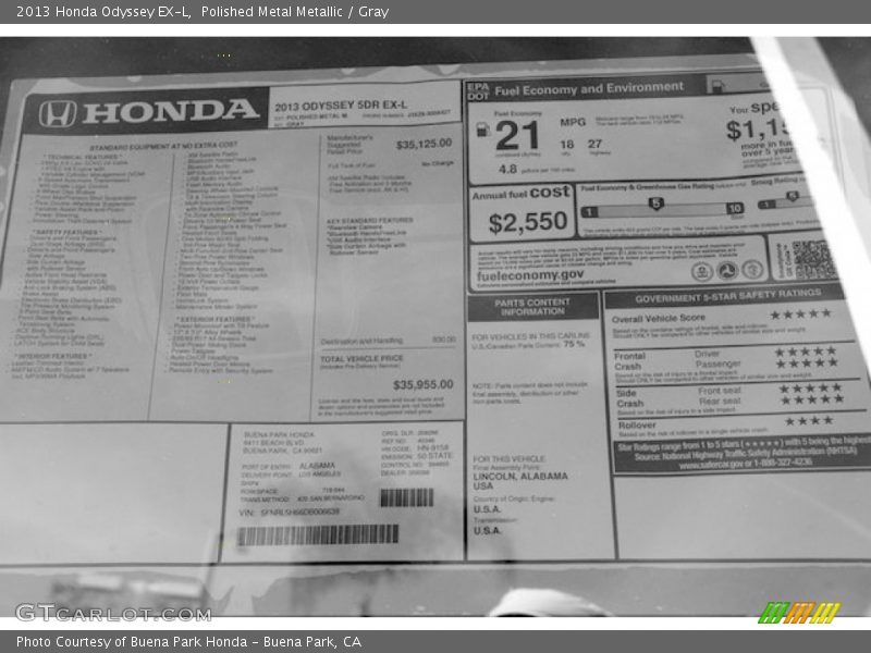  2013 Odyssey EX-L Window Sticker