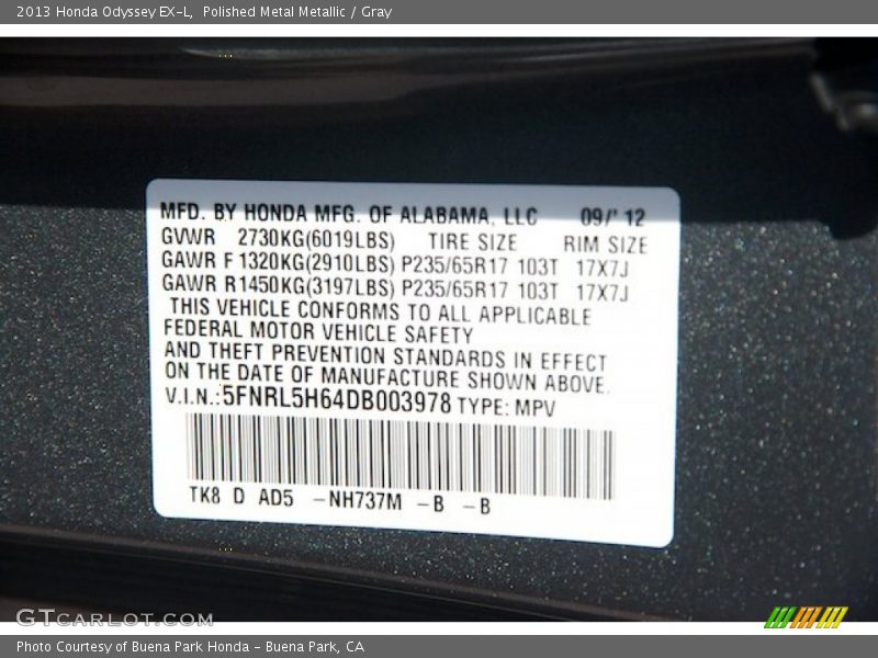 Polished Metal Metallic / Gray 2013 Honda Odyssey EX-L