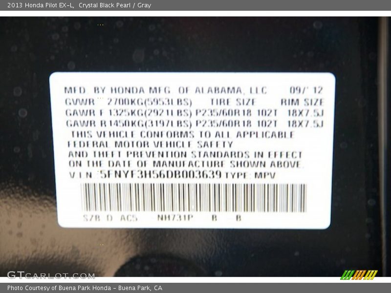 Crystal Black Pearl / Gray 2013 Honda Pilot EX-L