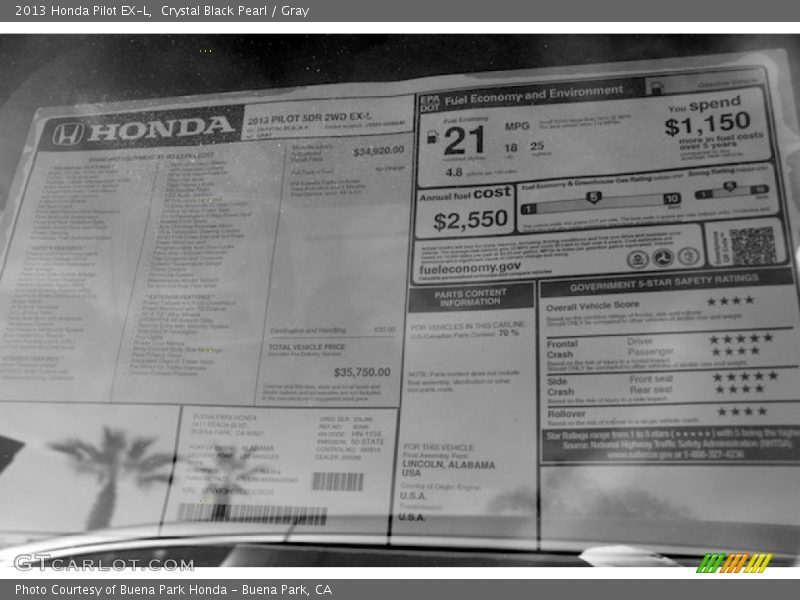 Crystal Black Pearl / Gray 2013 Honda Pilot EX-L