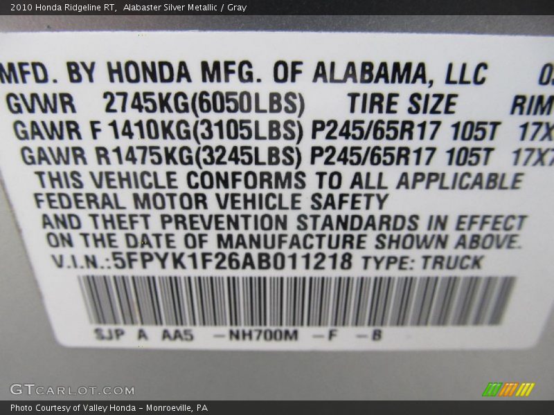 Alabaster Silver Metallic / Gray 2010 Honda Ridgeline RT