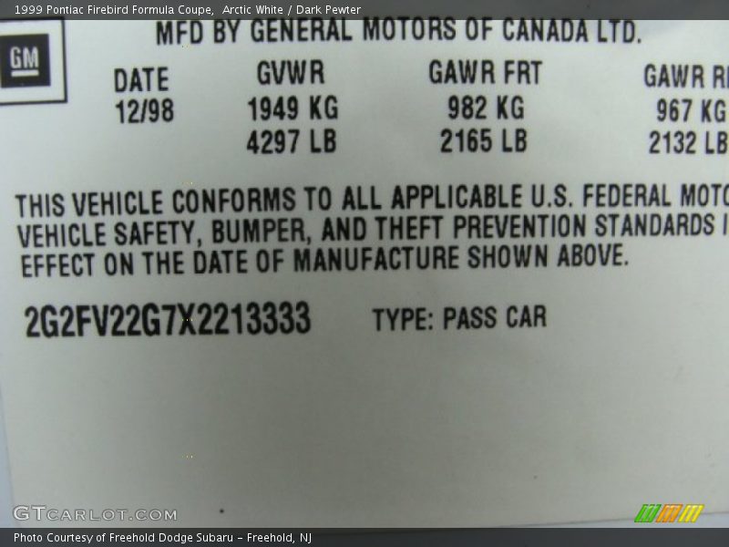 Arctic White / Dark Pewter 1999 Pontiac Firebird Formula Coupe