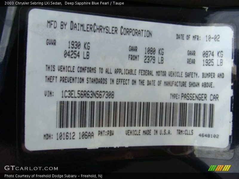 2003 Sebring LXi Sedan Deep Sapphire Blue Pearl Color Code PBW