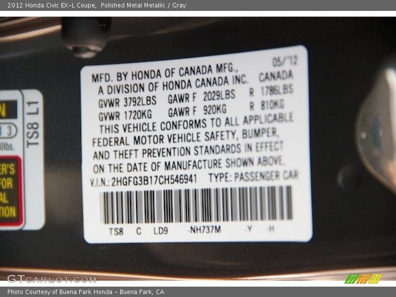 Polished Metal Metallic / Gray 2012 Honda Civic EX-L Coupe