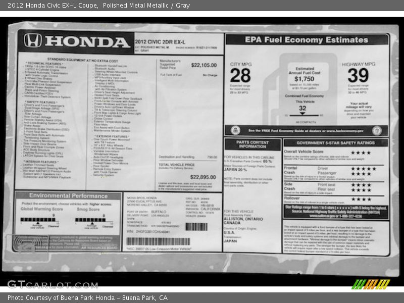 Polished Metal Metallic / Gray 2012 Honda Civic EX-L Coupe