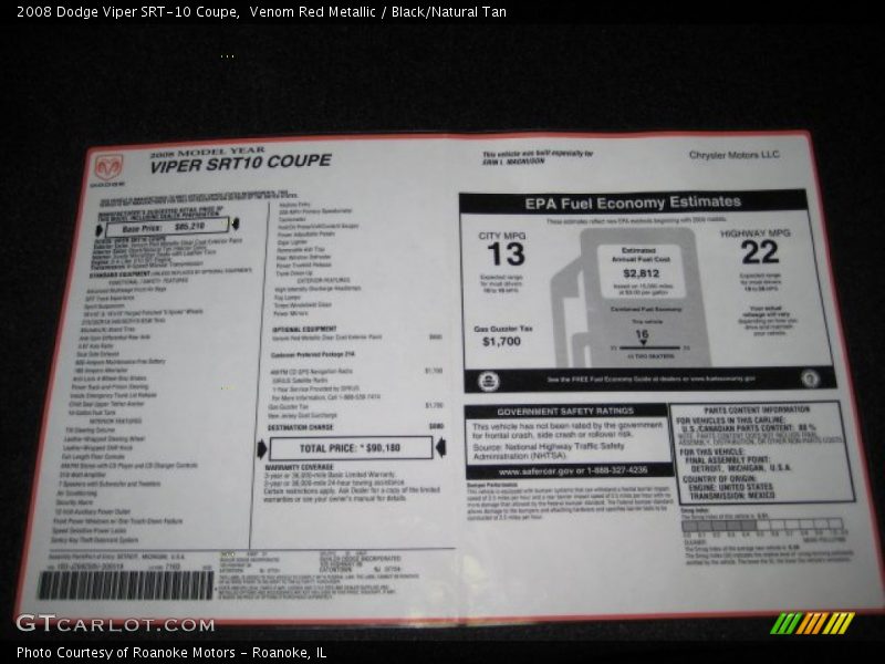  2008 Viper SRT-10 Coupe Window Sticker