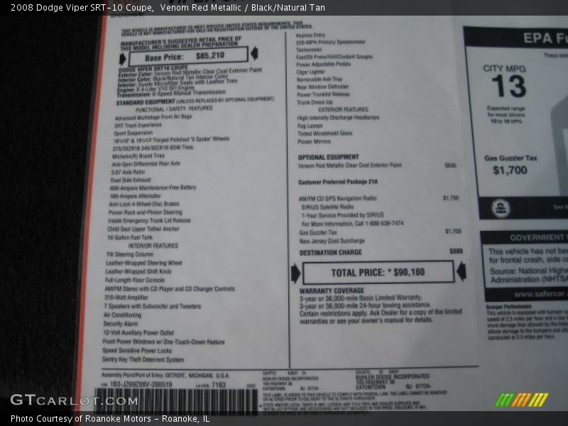  2008 Viper SRT-10 Coupe Window Sticker