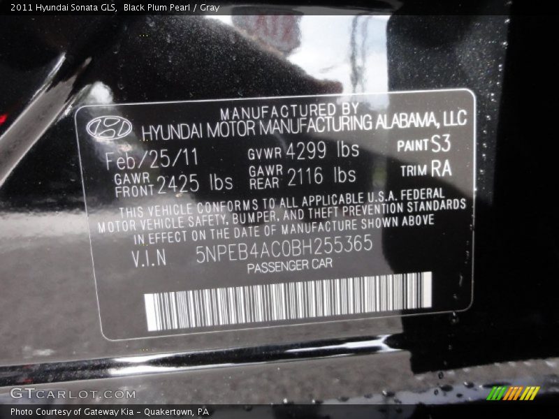 Black Plum Pearl / Gray 2011 Hyundai Sonata GLS