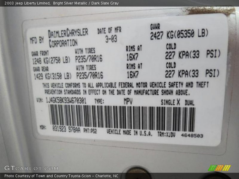 Bright Silver Metallic / Dark Slate Gray 2003 Jeep Liberty Limited