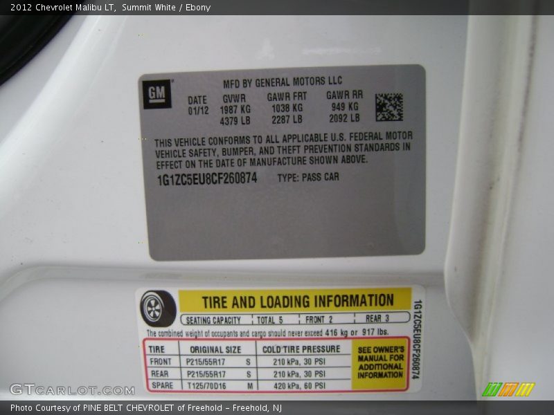 Summit White / Ebony 2012 Chevrolet Malibu LT