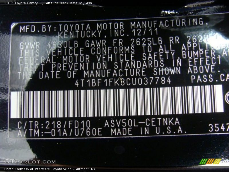 Attitude Black Metallic / Ash 2012 Toyota Camry LE