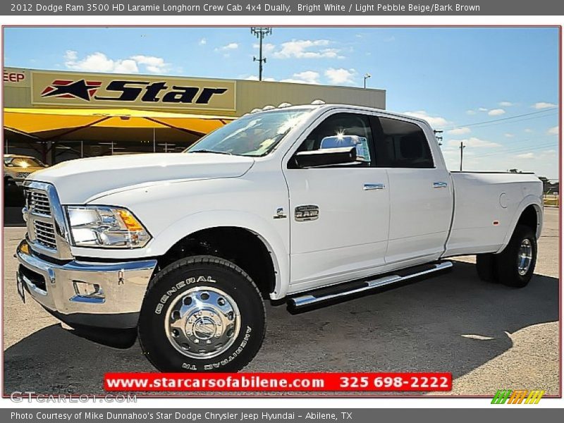 Bright White / Light Pebble Beige/Bark Brown 2012 Dodge Ram 3500 HD Laramie Longhorn Crew Cab 4x4 Dually