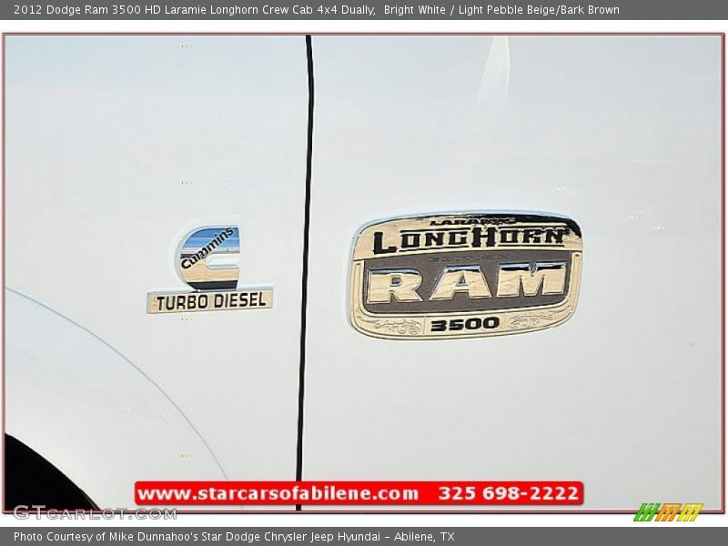 Bright White / Light Pebble Beige/Bark Brown 2012 Dodge Ram 3500 HD Laramie Longhorn Crew Cab 4x4 Dually
