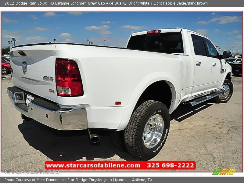 Bright White / Light Pebble Beige/Bark Brown 2012 Dodge Ram 3500 HD Laramie Longhorn Crew Cab 4x4 Dually