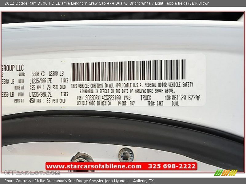 Bright White / Light Pebble Beige/Bark Brown 2012 Dodge Ram 3500 HD Laramie Longhorn Crew Cab 4x4 Dually