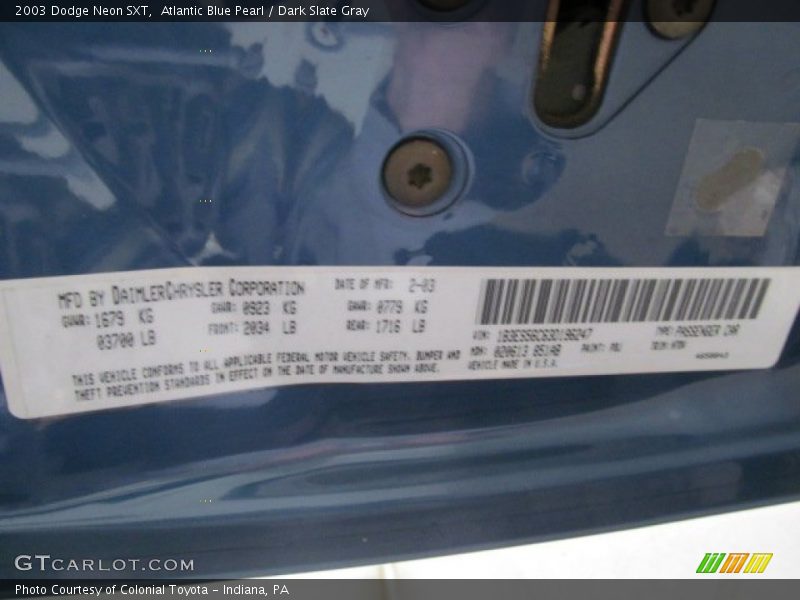 Atlantic Blue Pearl / Dark Slate Gray 2003 Dodge Neon SXT