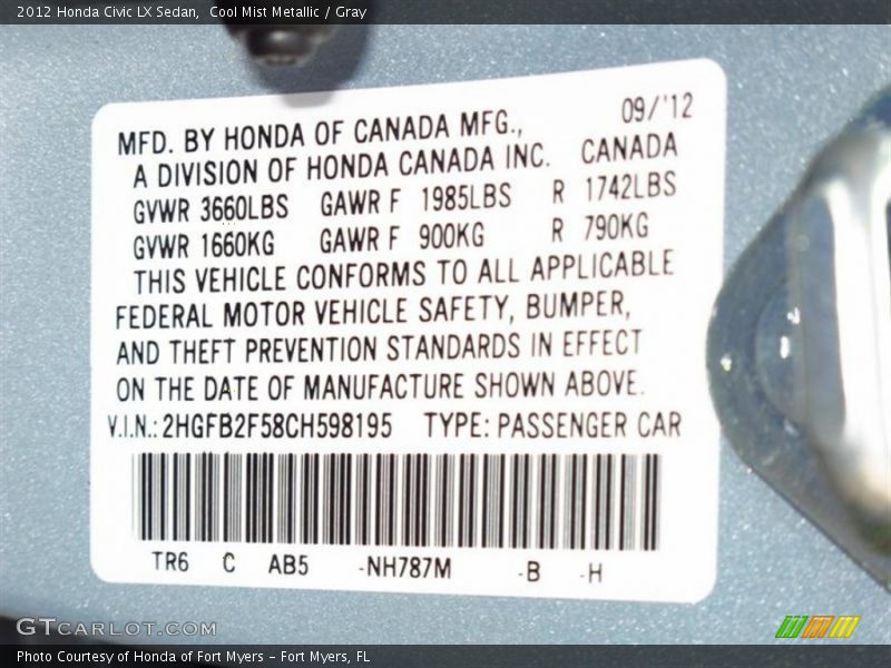 Cool Mist Metallic / Gray 2012 Honda Civic LX Sedan