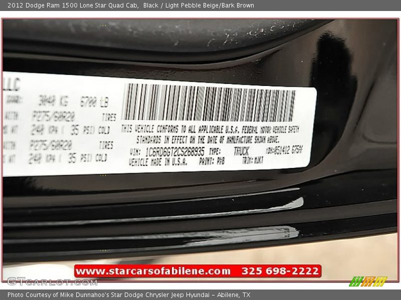 Black / Light Pebble Beige/Bark Brown 2012 Dodge Ram 1500 Lone Star Quad Cab