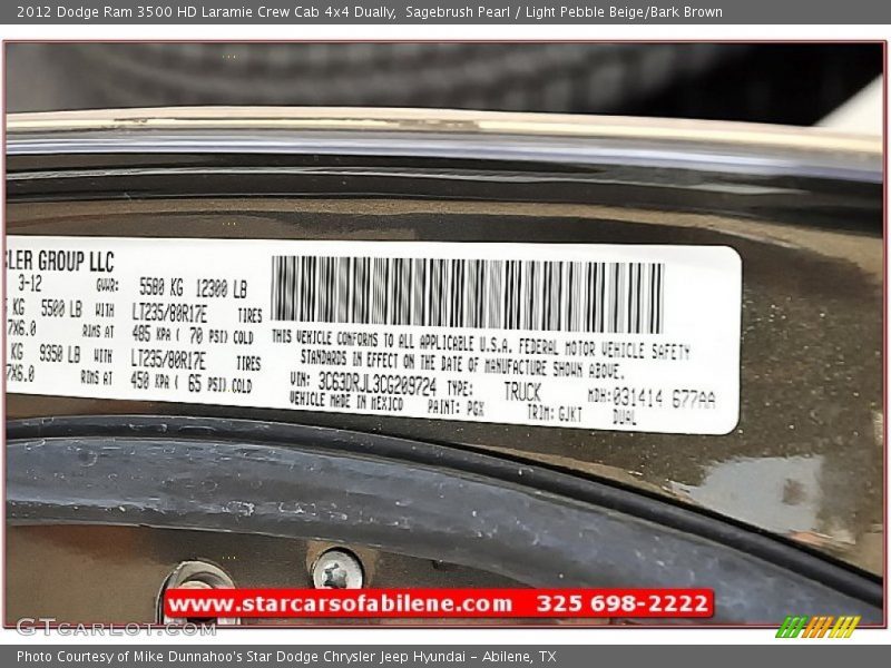 Sagebrush Pearl / Light Pebble Beige/Bark Brown 2012 Dodge Ram 3500 HD Laramie Crew Cab 4x4 Dually