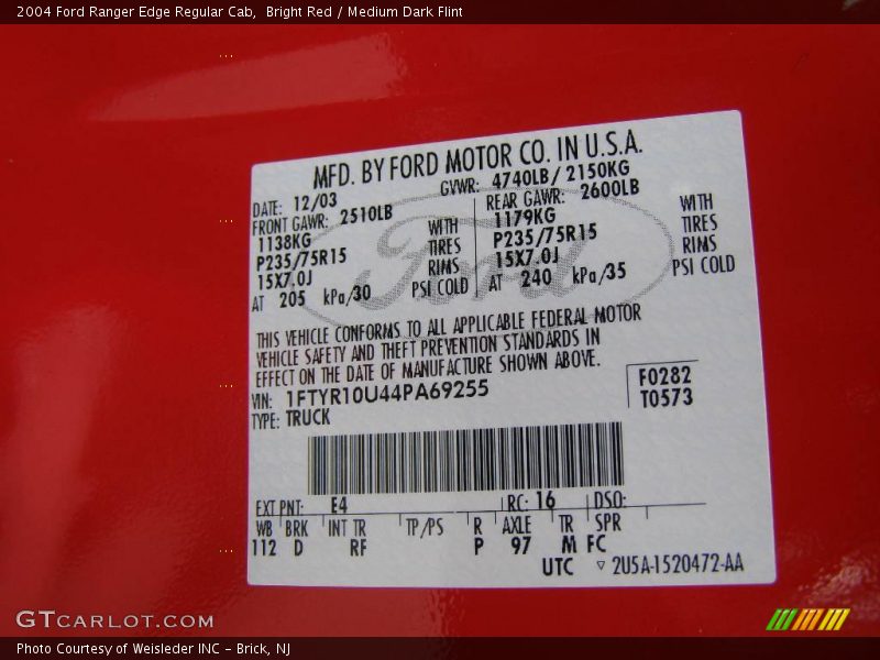 Bright Red / Medium Dark Flint 2004 Ford Ranger Edge Regular Cab