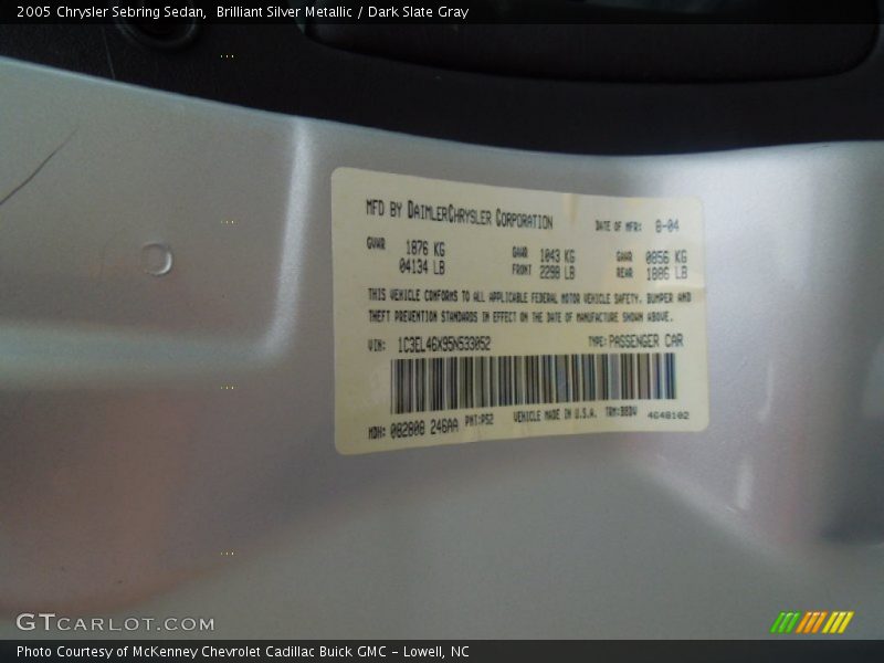 Brilliant Silver Metallic / Dark Slate Gray 2005 Chrysler Sebring Sedan