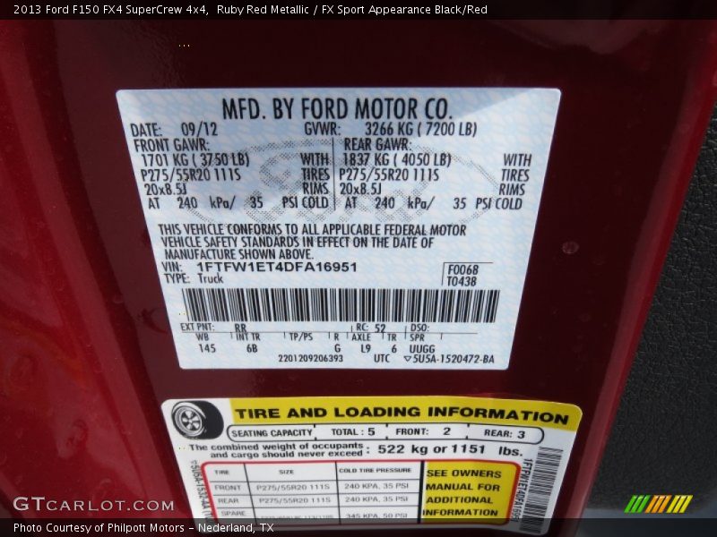 2013 F150 FX4 SuperCrew 4x4 Ruby Red Metallic Color Code RR