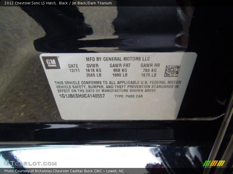 Black / Jet Black/Dark Titanium 2012 Chevrolet Sonic LS Hatch