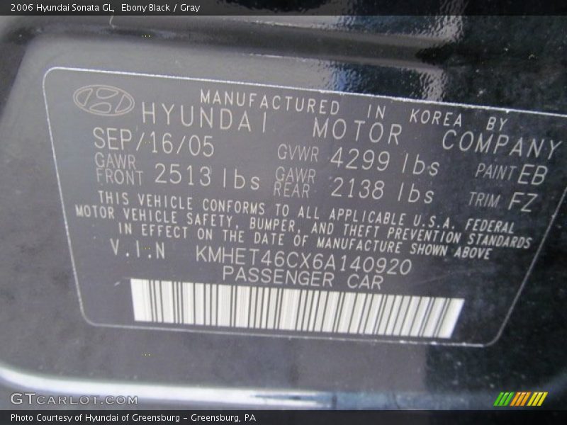 Ebony Black / Gray 2006 Hyundai Sonata GL