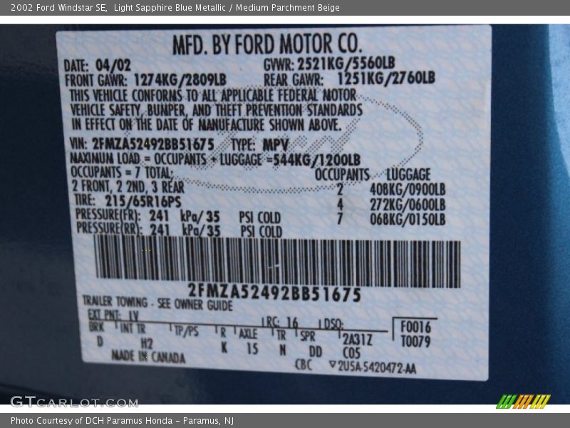 2002 Windstar SE Light Sapphire Blue Metallic Color Code LV