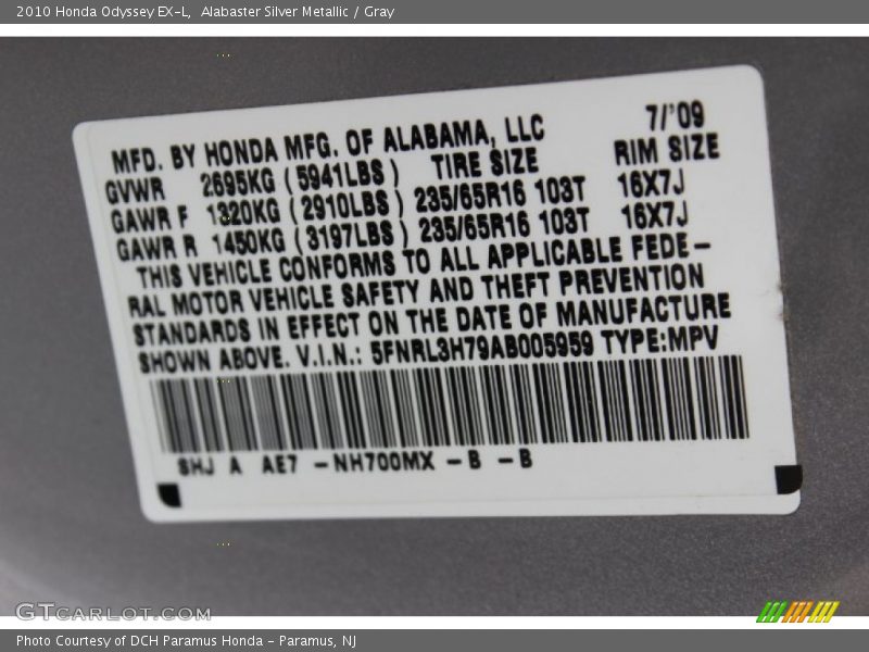 Alabaster Silver Metallic / Gray 2010 Honda Odyssey EX-L