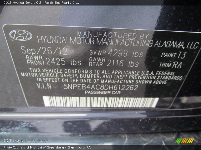 Pacific Blue Pearl / Gray 2013 Hyundai Sonata GLS