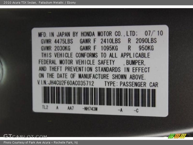 Palladium Metallic / Ebony 2010 Acura TSX Sedan