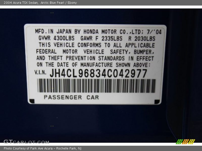 Info Tag of 2004 TSX Sedan