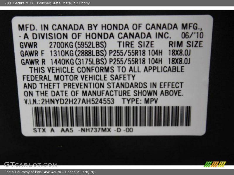 Polished Metal Metallic / Ebony 2010 Acura MDX
