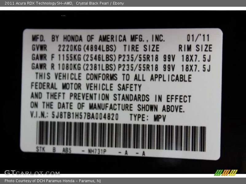 Crystal Black Pearl / Ebony 2011 Acura RDX Technology SH-AWD
