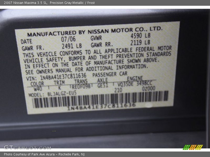 Precision Gray Metallic / Frost 2007 Nissan Maxima 3.5 SL