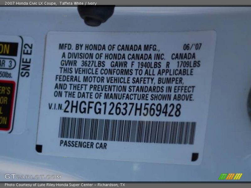 Taffeta White / Ivory 2007 Honda Civic LX Coupe