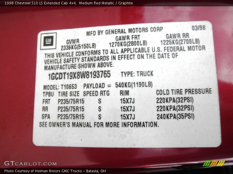 Medium Red Metallic / Graphite 1998 Chevrolet S10 LS Extended Cab 4x4