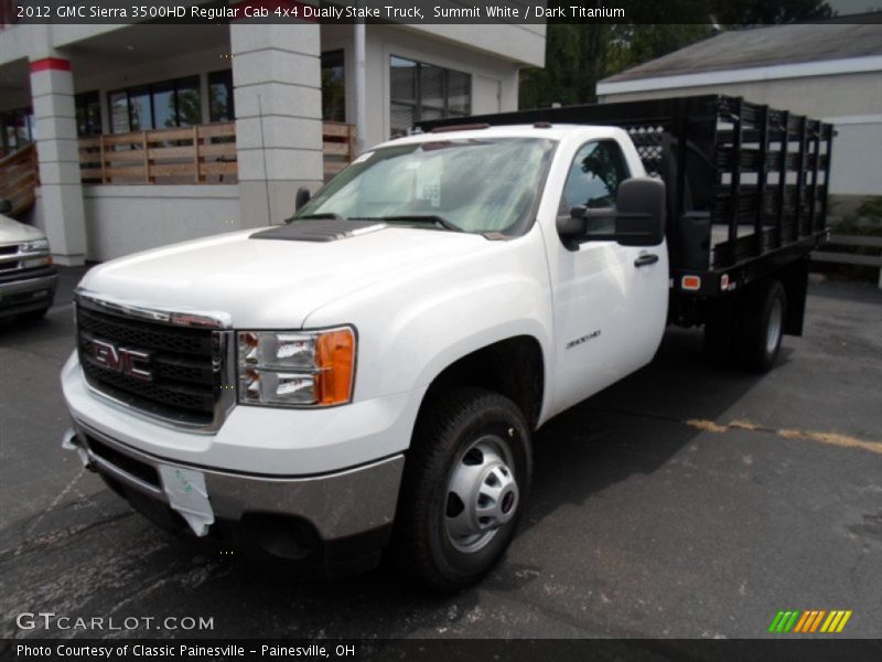 Summit White / Dark Titanium 2012 GMC Sierra 3500HD Regular Cab 4x4 Dually Stake Truck