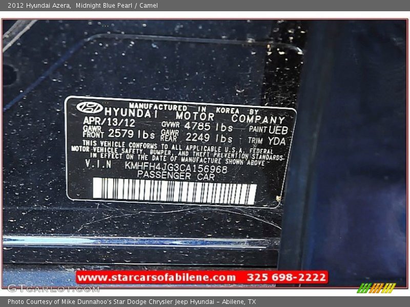 Midnight Blue Pearl / Camel 2012 Hyundai Azera