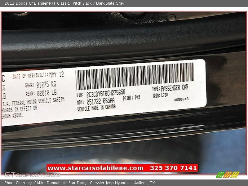 Pitch Black / Dark Slate Gray 2012 Dodge Challenger R/T Classic