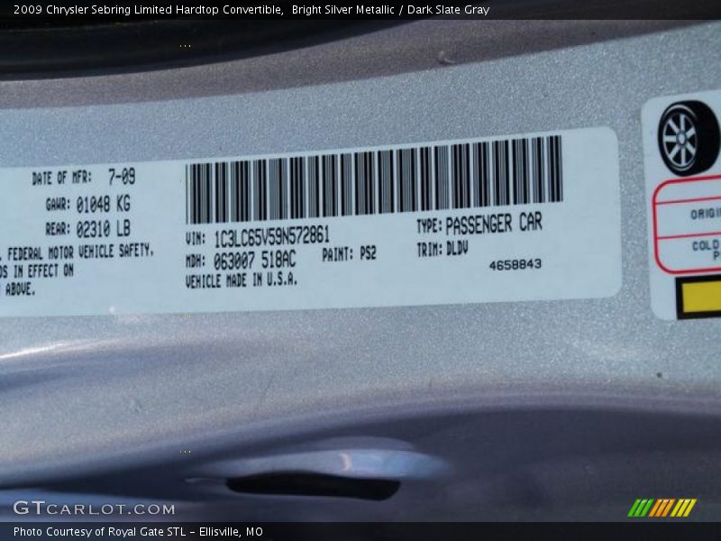 Bright Silver Metallic / Dark Slate Gray 2009 Chrysler Sebring Limited Hardtop Convertible