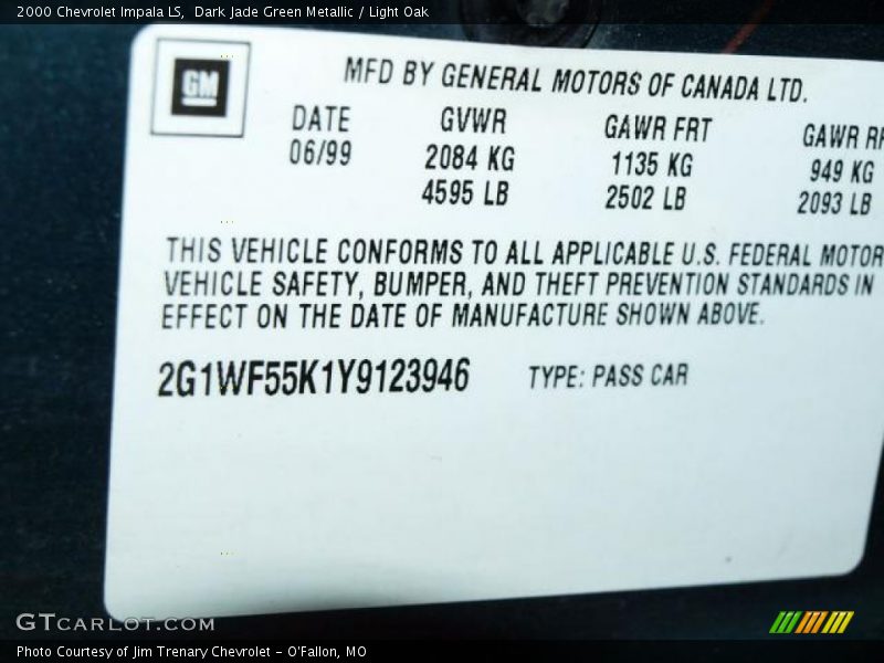 Dark Jade Green Metallic / Light Oak 2000 Chevrolet Impala LS